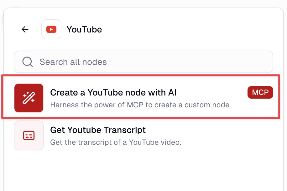 YouTube MCP node in Node Library