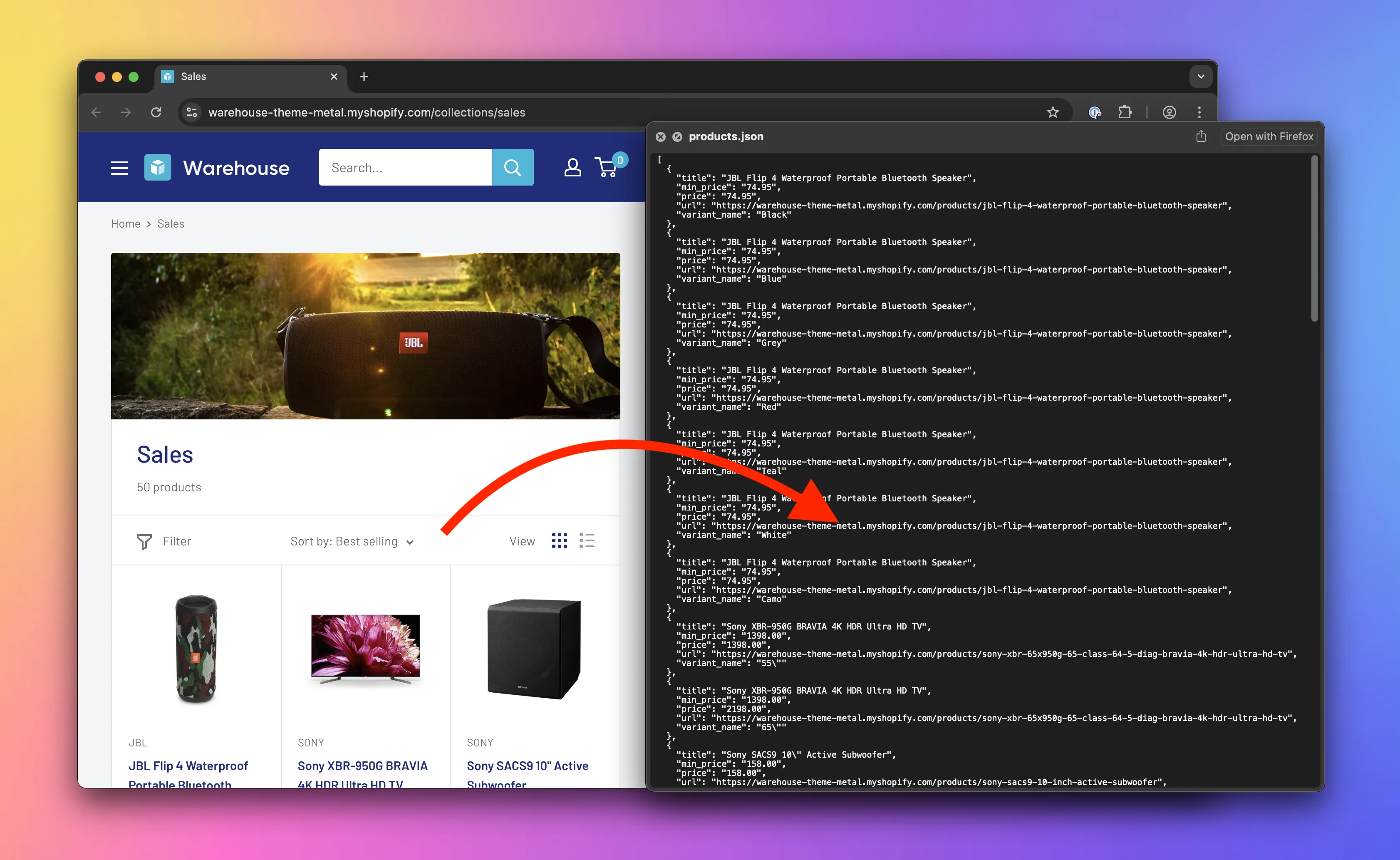 E-commerce listing on the left, JSON with data on the right